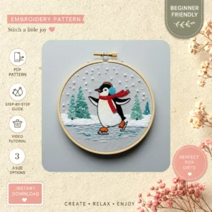 Main preview of winter penguin skating ice hand embroidery pattern showing penguin, trees, and home in a hand stitched hoop art design