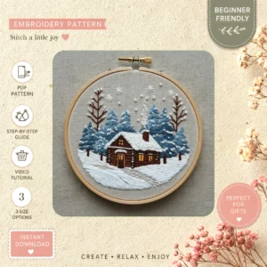 Main preview of winter wonderland cozy cabin hand embroidery pattern showing trees, cabin, and home in a hand stitched hoop art design