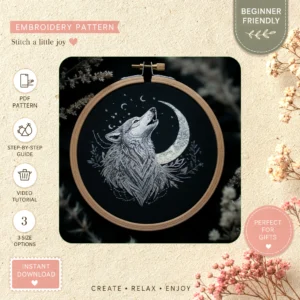 Main preview of wolf moon lunar canine hand embroidery pattern showing wolf, sky, moon, night, and celestial in a hand stitched hoop art design
