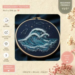 Main preview of wonders night sky constellations hand embroidery pattern showing sky, wave, moon, stars, and night in a hand stitched hoop art design