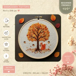 Main preview of woodland animal tree foxes hand embroidery pattern showing foxes, birds, forest, woodland, and tree in a hand stitched hoop art design