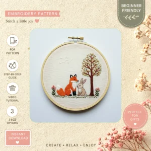 Main preview of woodland cottage bunny nature hand embroidery pattern showing bunny, woodland, trees, cottage, and nature in a hand stitched hoop art design