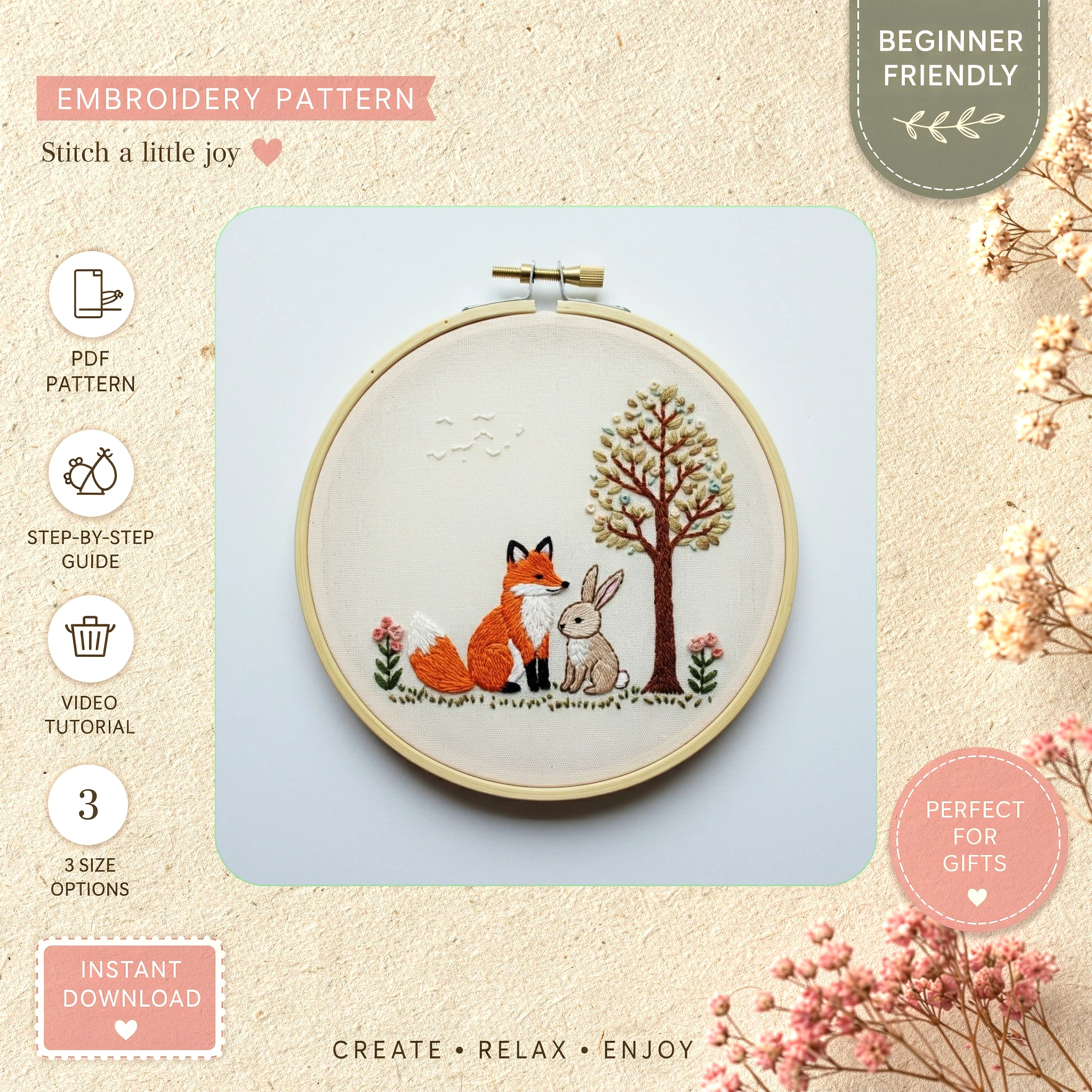 Main preview of woodland cottage bunny nature hand embroidery pattern showing bunny, woodland, trees, cottage, and nature in a hand stitched hoop art design