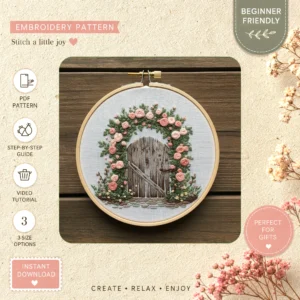 Main preview of woodland cottage nature's charm hand embroidery pattern showing floral, roses, leaves, woodland, and trees in a hand stitched hoop art design