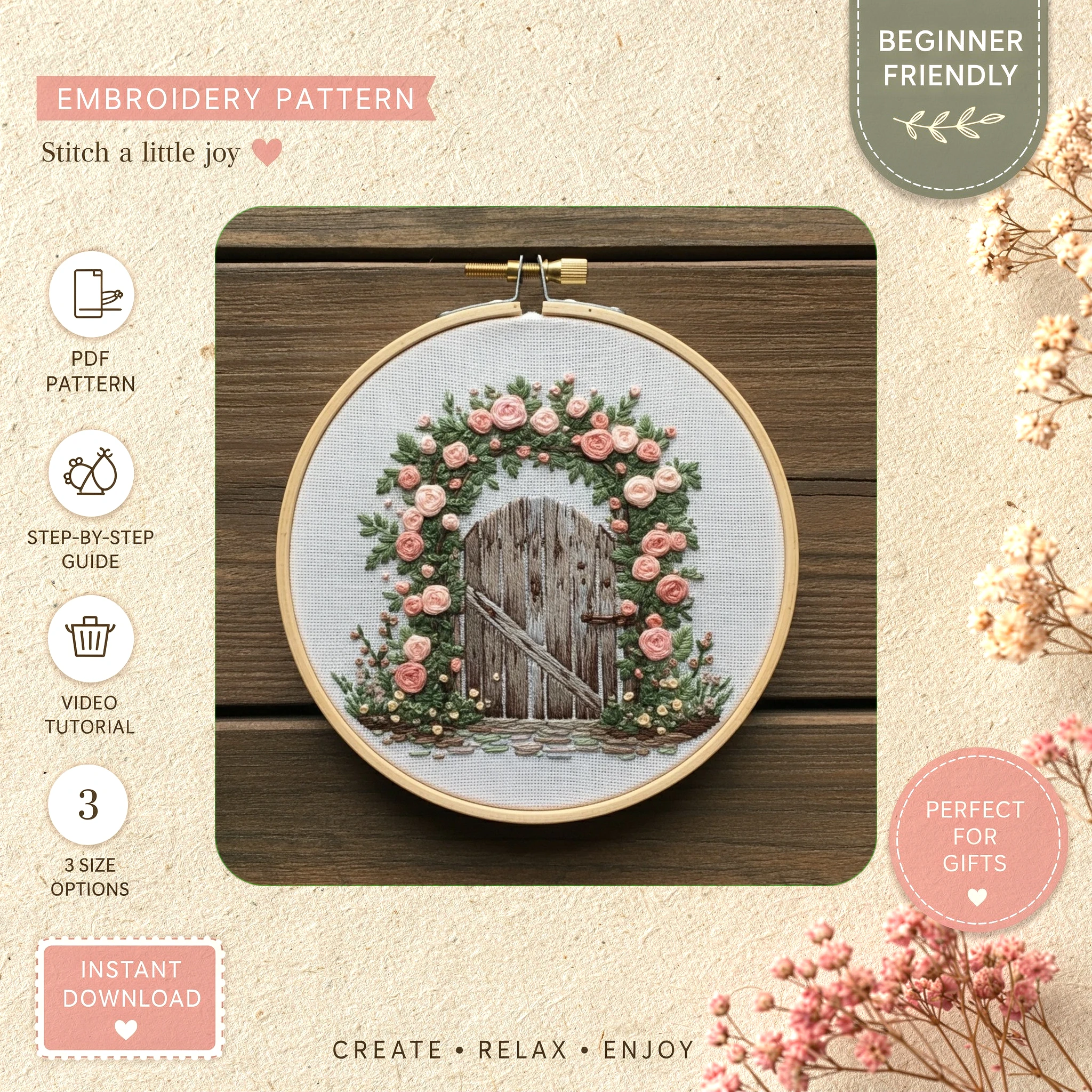 Main preview of woodland cottage nature's charm hand embroidery pattern showing floral, roses, leaves, woodland, and trees in a hand stitched hoop art design