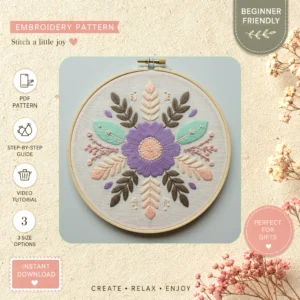 Main preview of woodland flower bouquet nature's hand embroidery pattern showing flower, flowers, floral, bouquet, and leaves in a hand stitched hoop art design