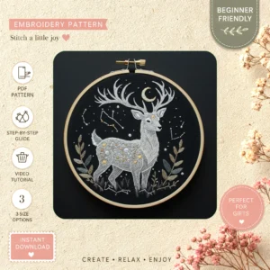 Main preview of woodland magic whimsical night hand embroidery pattern showing deer, woodland, tree, nature, and moon in a hand stitched hoop art design