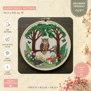 Main preview of woodland owl garden perched hand embroidery pattern showing owl, flowers, garden, woodland, and tree in a hand stitched hoop art design