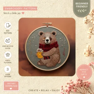 Main preview of woodland themed teddy bear hand embroidery pattern showing bear, woodland, and trees in a hand stitched hoop art design