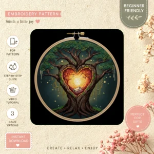 Main preview of woodland tree heart serene hand embroidery pattern showing woodland, tree, nature, and home in a hand stitched hoop art design