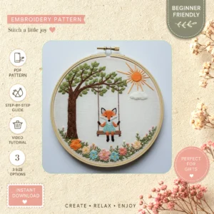 Main preview of woodland whimsy serene fox hand embroidery pattern showing fox, flowers, woodland, and nature in a hand stitched hoop art design