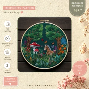 Main preview of woodland wonder cozy butterflies hand embroidery pattern showing butterflies, frog, flowers, roses, and lily in a hand stitched hoop art design