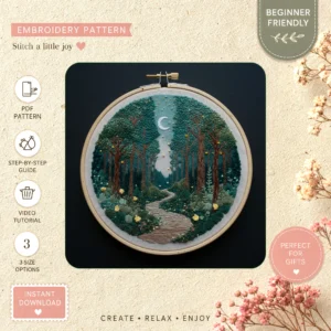 Main preview of woodland wonderland nature inspired hand embroidery pattern showing forest, woodland, nature, moon, and stars in a hand stitched hoop art design