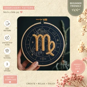 Main preview of zodiac sign astrological astrology hand embroidery pattern showing home in a hand stitched hoop art design