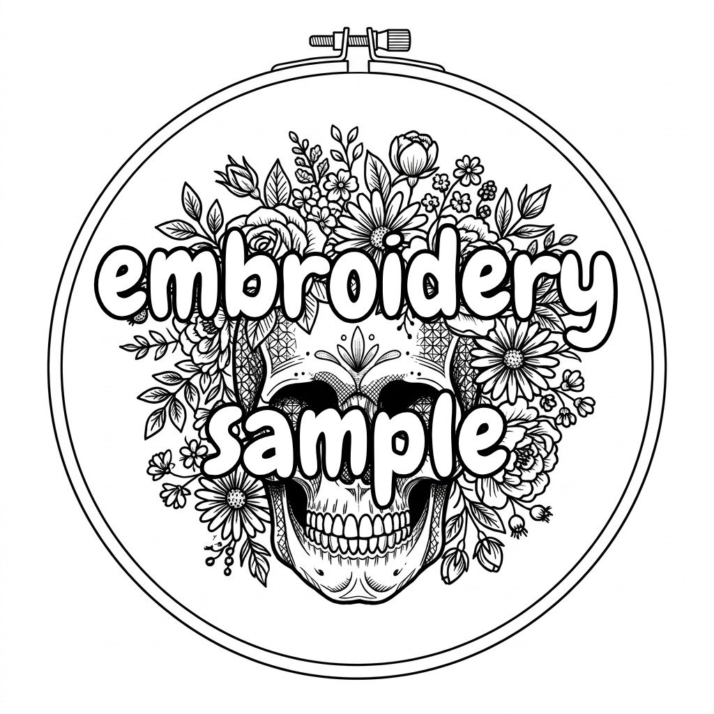 Floral Skull Garden Hand Embroidery Design with Roses, Daisies and Botanical Blackwork — outline pattern preview