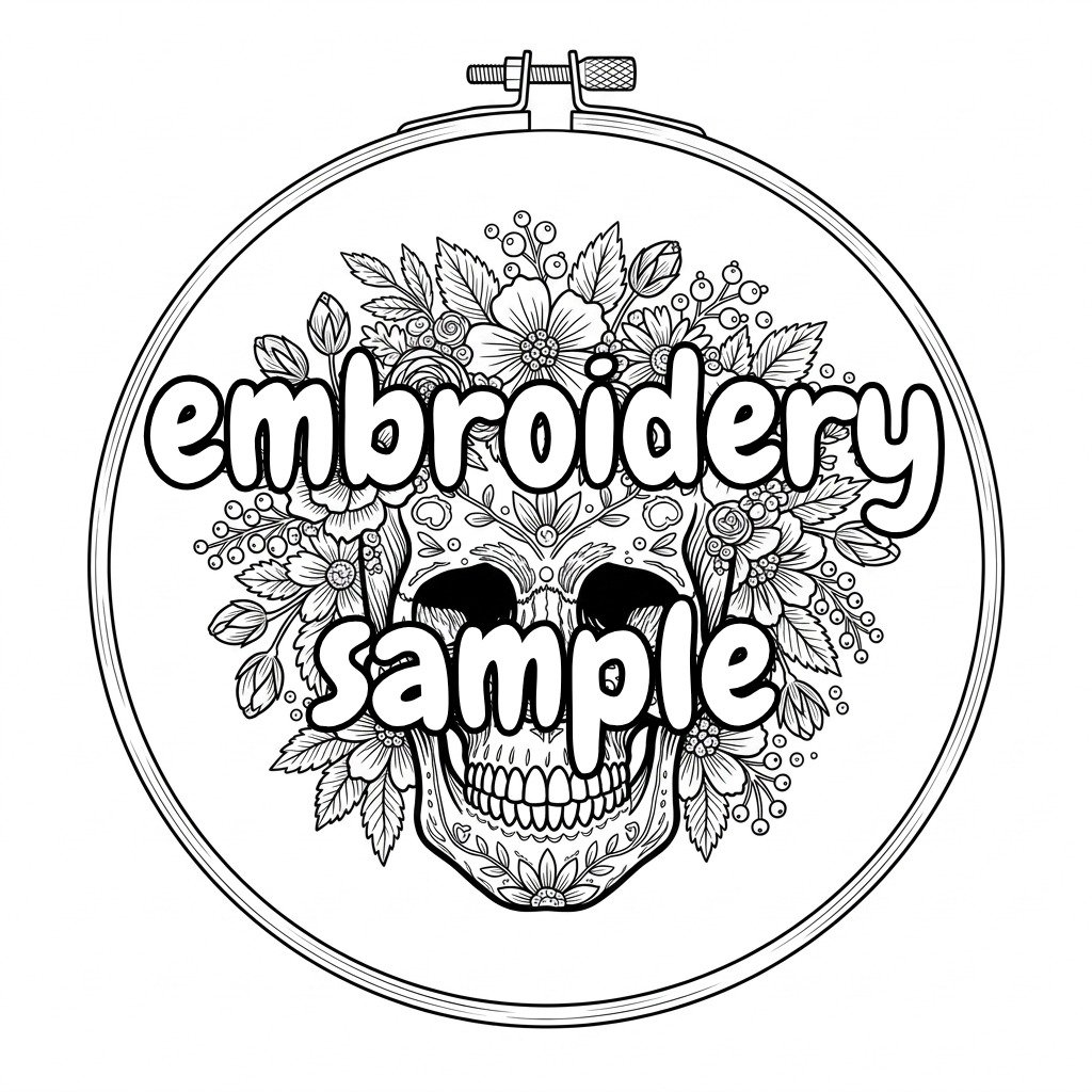 Floral Sugar Skull Hand Embroidery Design with Burgundy Flowers and Botanical Hoop Art — outline pattern preview