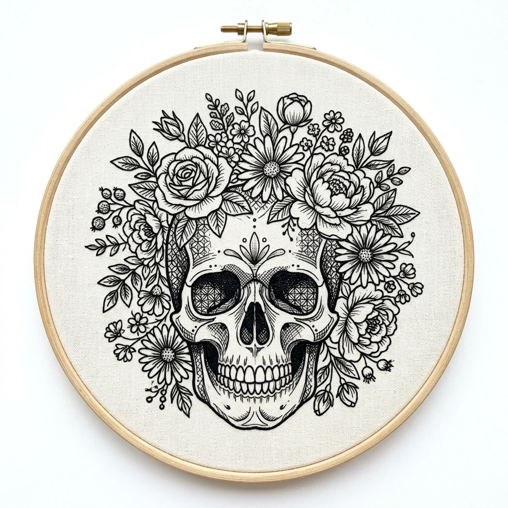 Floral Skull Garden Hand Embroidery Design with Roses, Daisies and Botanical Blackwork