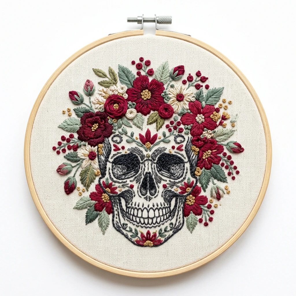 Floral Sugar Skull Hand Embroidery Design with Burgundy Flowers and Botanical Hoop Art