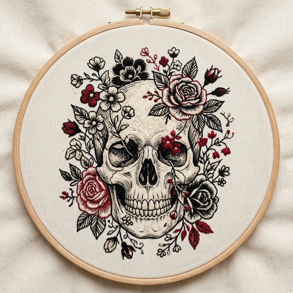 Gothic Skull and Red Roses Hand Embroidery Pattern — Black and Crimson Floral Hoop Art